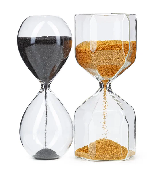 Δύο hourglass απομονώνονται σε λευκό φόντο μπροστινή όψη — Φωτογραφία Αρχείου