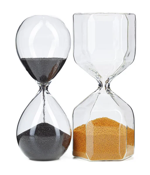 Δύο hourglass απομονώνονται σε λευκό φόντο μπροστινή όψη — Φωτογραφία Αρχείου