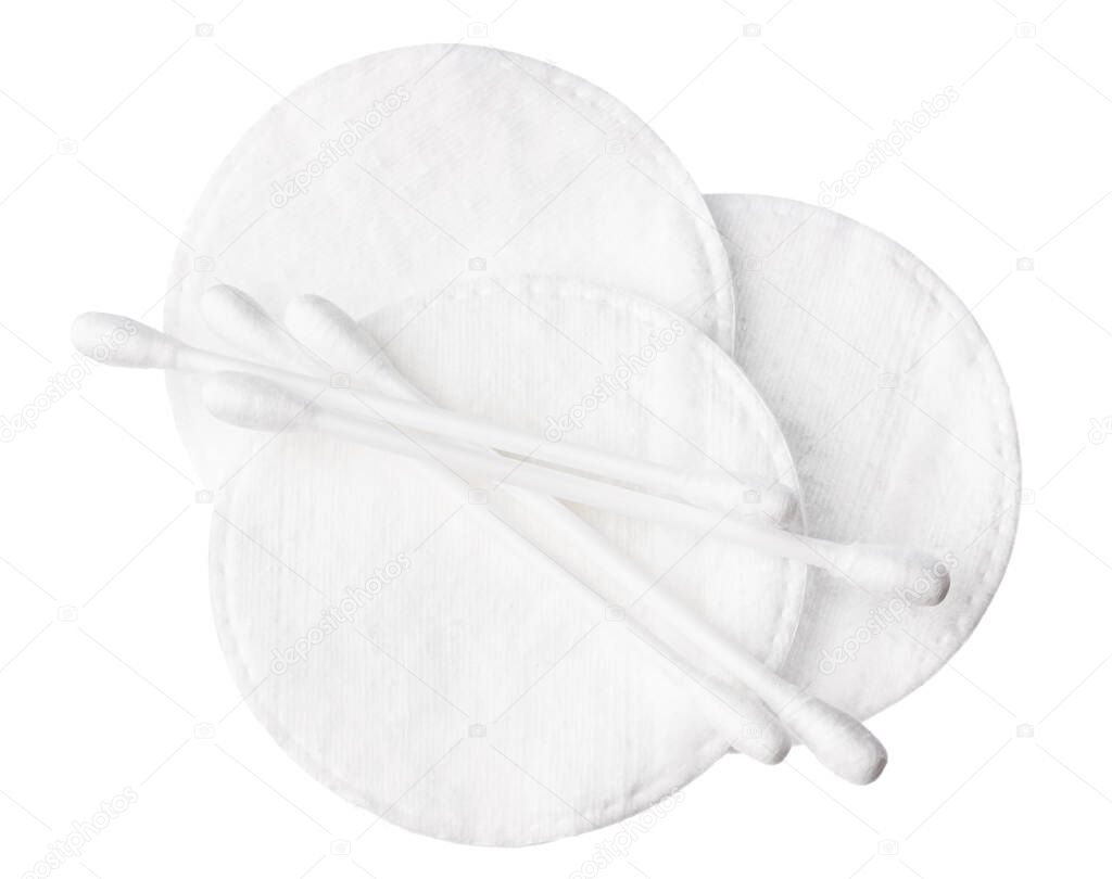 Cotton pads and cotton buds isolated on white background