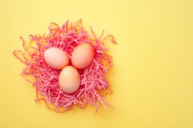 Sarı arka planda renkli Paskalya yumurtaları olan dekoratif bir yuva.
