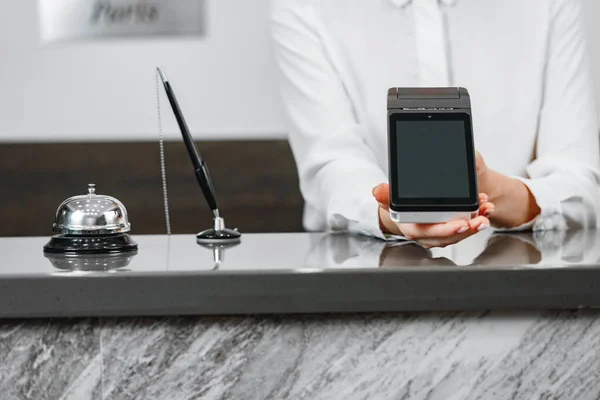 Close up of modern hotel reception desk — стоковое фото