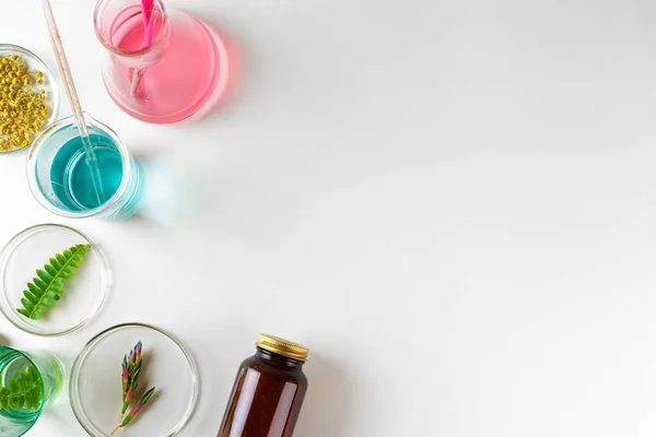 Hacer suplemento dietético a base de hierbas en laboratorio con hojas de plantas. Concepto de salud y belleza — Foto de Stock