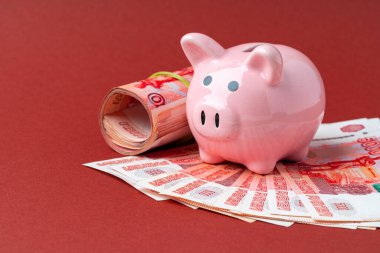 Çok yönlü sepet konsepti. Rus rublesi banknotlarıyla kumbaralı.