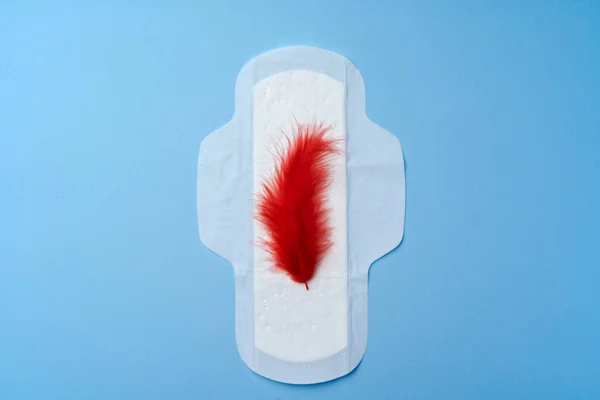 Almohadilla higiénica femenina abierta con vista superior de plumas rojas —  Fotos de Stock