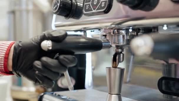 Barista preparando café con cafetera profesional de cerca — Vídeos de Stock