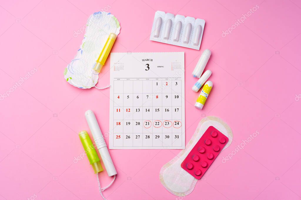 Calendar page with female menstrual hygienic items
