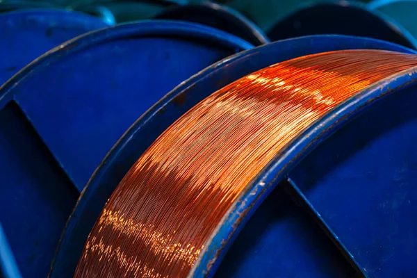 Copper wire reels in cable factory close up — Stock Photo, Image