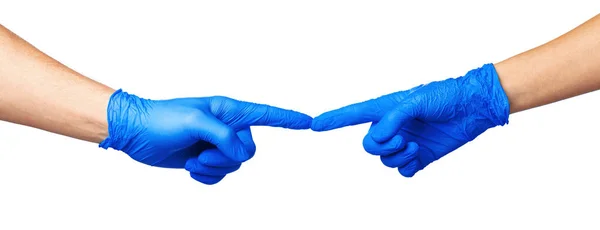 Male and female hands in medical gloves stretch to each other. Help concept. — Stock Photo, Image