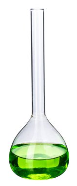 Beyaz üzerinde izole edilmiş laboratuvar analizi için sıvılarla dolu cam.