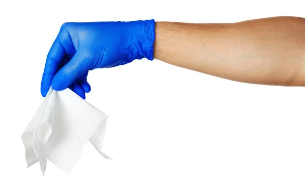Hand with blue gloves takes a white cloth — Stock Photo, Image