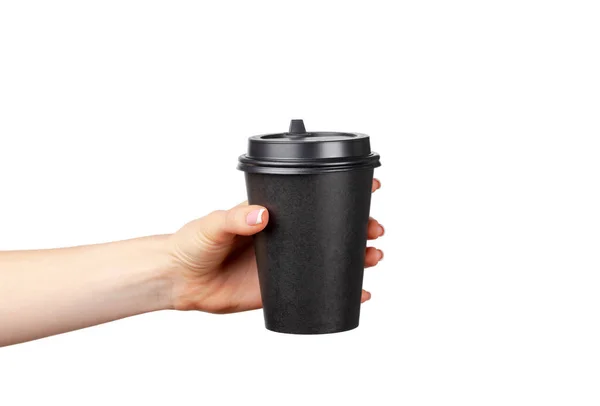 Female hand holding disposable coffee cup isolated on white — Stock Photo, Image