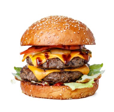Beyaz arka planda izole edilmiş leziz taze hamburger.