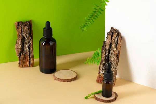 Brown glass cosmetic bottle. Organic cosmetic concept