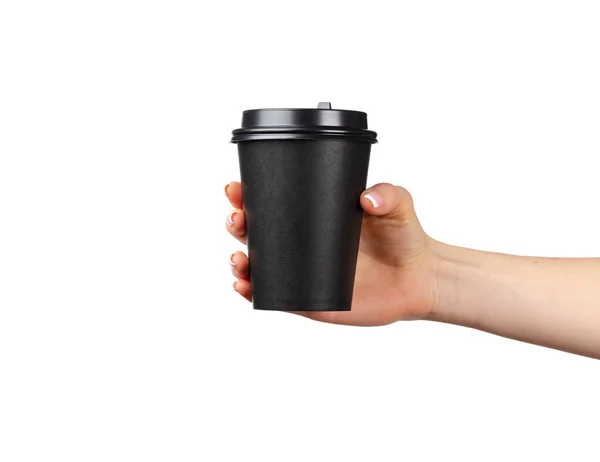 Mão feminina segurando copo de café descartável isolado no branco — Fotografia de Stock