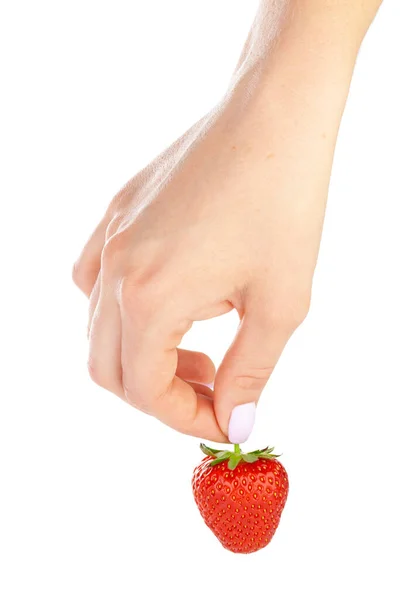 Hand holding a strawberry isolated on white background — Stock Photo, Image