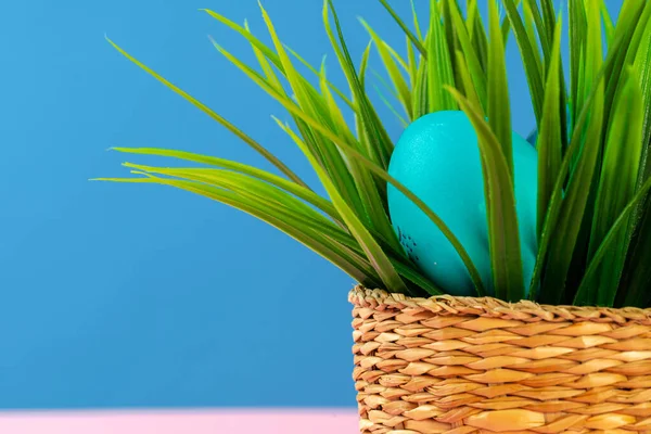 Oeufs colorés pour Pâques avec pot de gazon artificiel — Photo