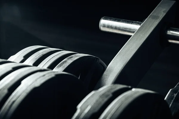 Gym weight plates on holder close up — Stock Photo, Image