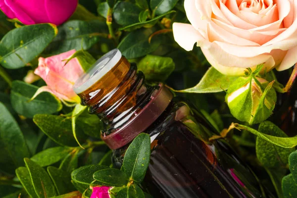 Flacone di profumo o olio aromatico in un mazzo di fiori freschi — Foto Stock