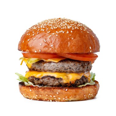 Beyaz arka planda izole edilmiş leziz taze hamburger.