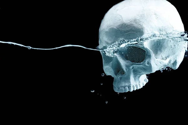 검은 배경을 배경으로 물 속으로 잠수하는 해골 모형 — 스톡 사진