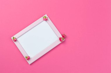 Pembe arka planda çiçek açan boş ahşap çerçeve