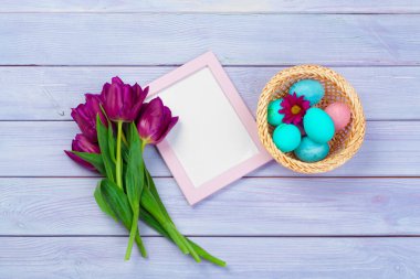 Paskalya arkaplanı laleler, yumurtalar. Kopyalama alanı olan üst görünüm