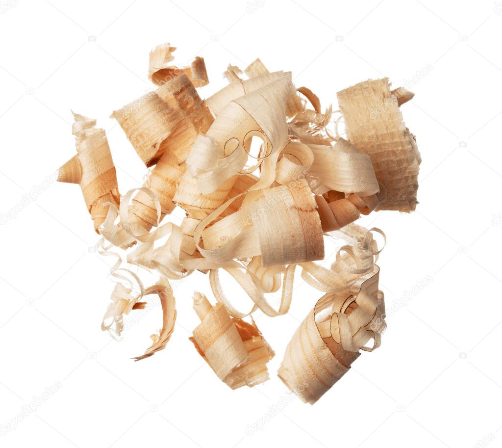 Wood shavings curls isolated on white background