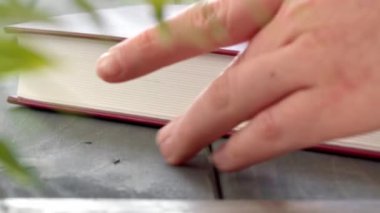 Kadınların elleri ahşap masadaki kırmızı kaplı kitabı alır. Yakın plan.