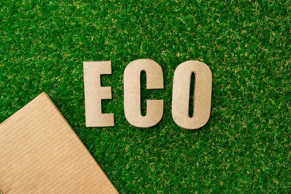 Ambachtelijk papier op gras, recycling concept, bovenaanzicht — Stockfoto