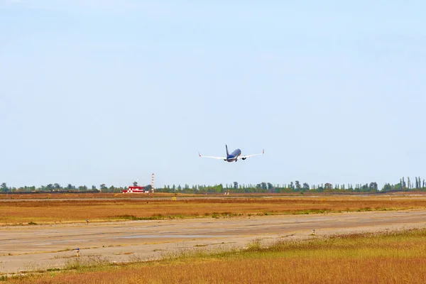 Passenger plane takes off from runway in airport