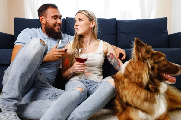 Primo piano di coppia bere vino sul divano con il loro cane Border Collie vicino — Foto Stock
