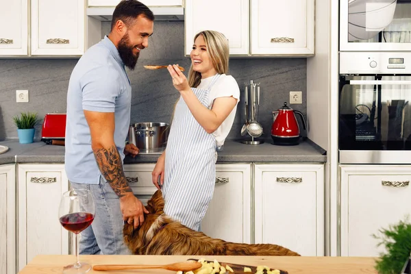 Coppia amorevole cucina cibo in cucina con il loro Border Collie cane — Foto Stock