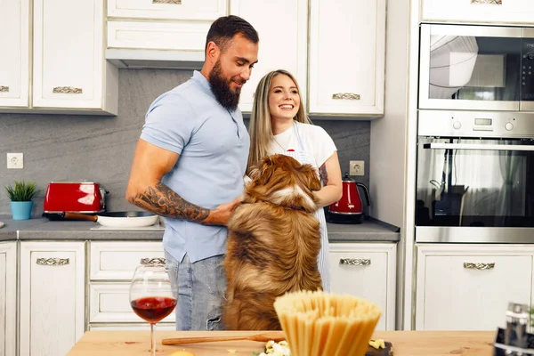 Amante casal cozinhar comida na cozinha com seu cão Border Collie — Fotografia de Stock