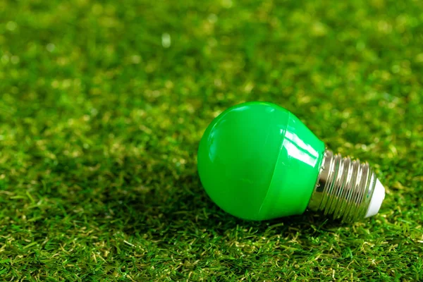 Energy efficient light bulb lying on grass — Stock Photo, Image