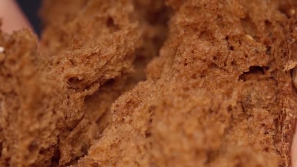 Close up de mãos quebrando pão de centeio fresco em metades — Vídeo de Stock