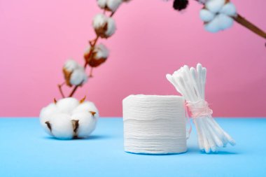 Pembe ve mavi arka planda kulakları temizlemek için pamuk tomurcukları