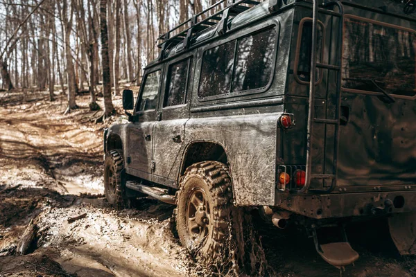 Coche todoterreno que conduce a través del camino forestal de barro —  Fotos de Stock