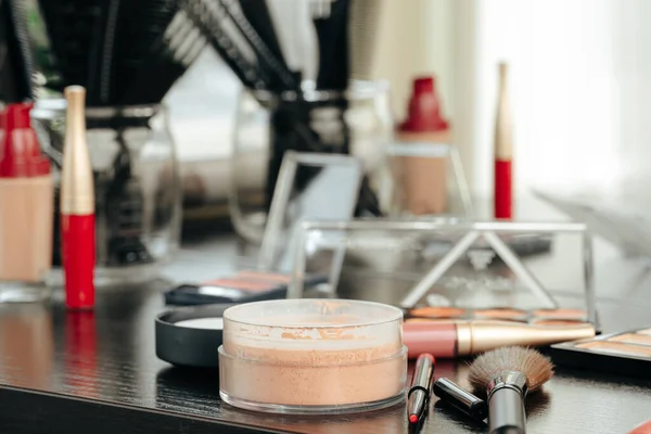 Make up products on vanity table close up — Stock Photo, Image