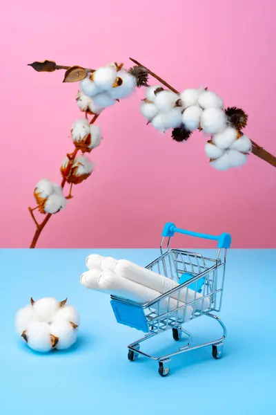 粉色和蓝色背景的医用卫生棉条购物车 — 图库照片