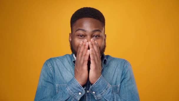 Joyful happy young african american guy celebrates success, he is winner, yellow background — Stock Video