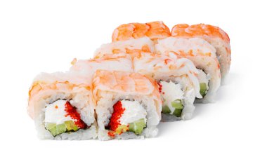 Beyaz arka planda Japon Mutfağı Suşi Yuvarlaması