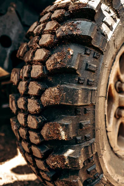 泥だらけの道路の森の中のオフロード車の車輪 — ストック写真