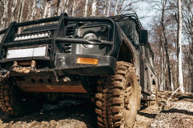 Ormanda gezintiye çıkmış kirli bir arazi aracı.