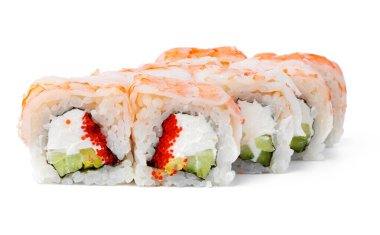 Beyaz arka planda Japon Mutfağı Suşi Yuvarlaması