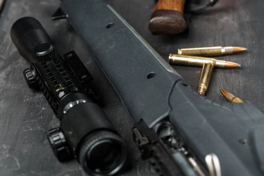 Optik görüş ve av tüfeği ahşap sırtında