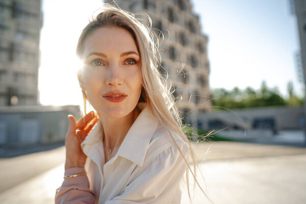 Close up portrait of young businesswoman outdoors