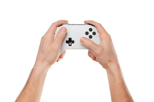 Controle de console de videogame em mãos de jogadores isoladas em fundo branco — Fotografia de Stock