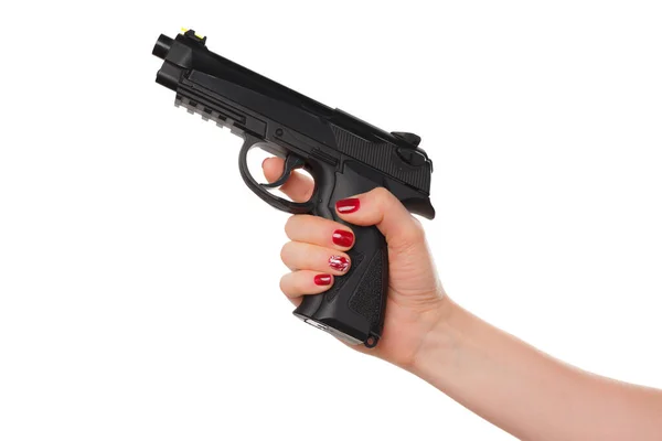 Photo of woman hand holding revolver handgun isolated on white background — Stock Photo, Image