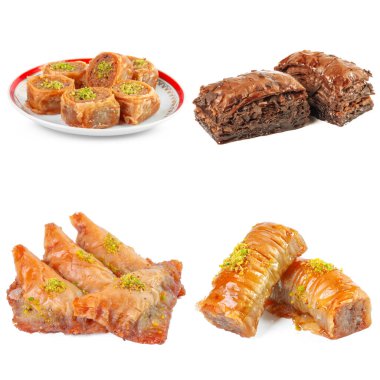 Lezzetli doğu tatlıları kolajı beyaza izole edilmiş.