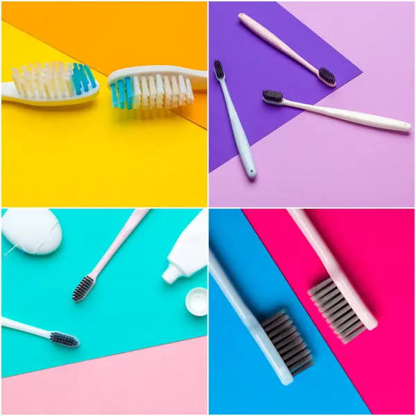Toothbrushes dental care collection collage close up — Stock Photo, Image